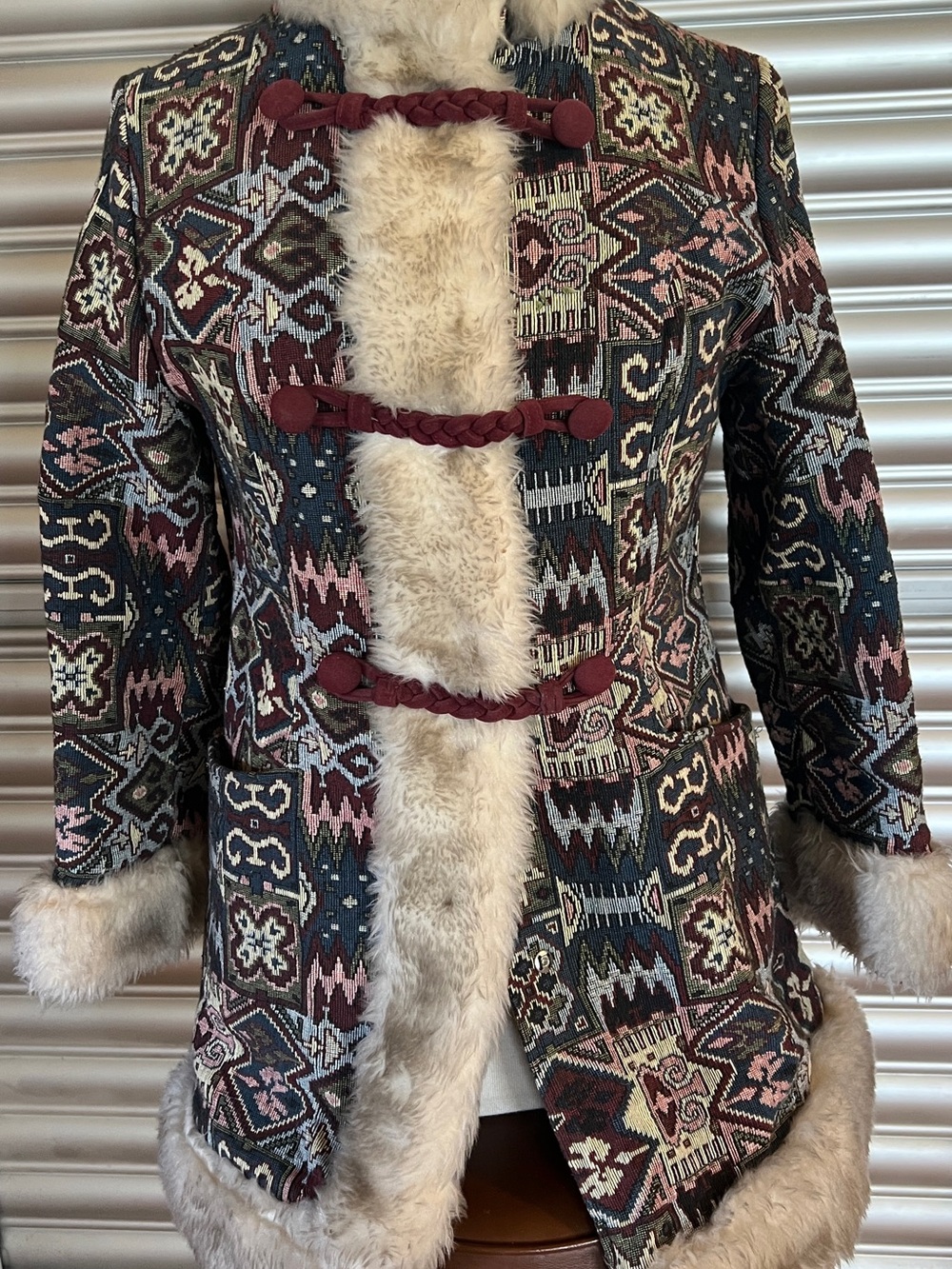 Vtg 60's Boho Tapestry Carpet Coat Faux Fur